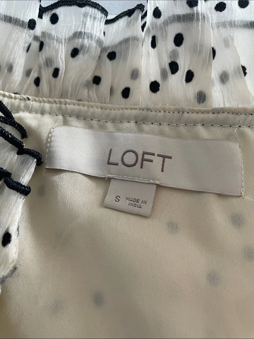 LOFT Ivory Ruffle Neck Black Polka Dot Blouse
